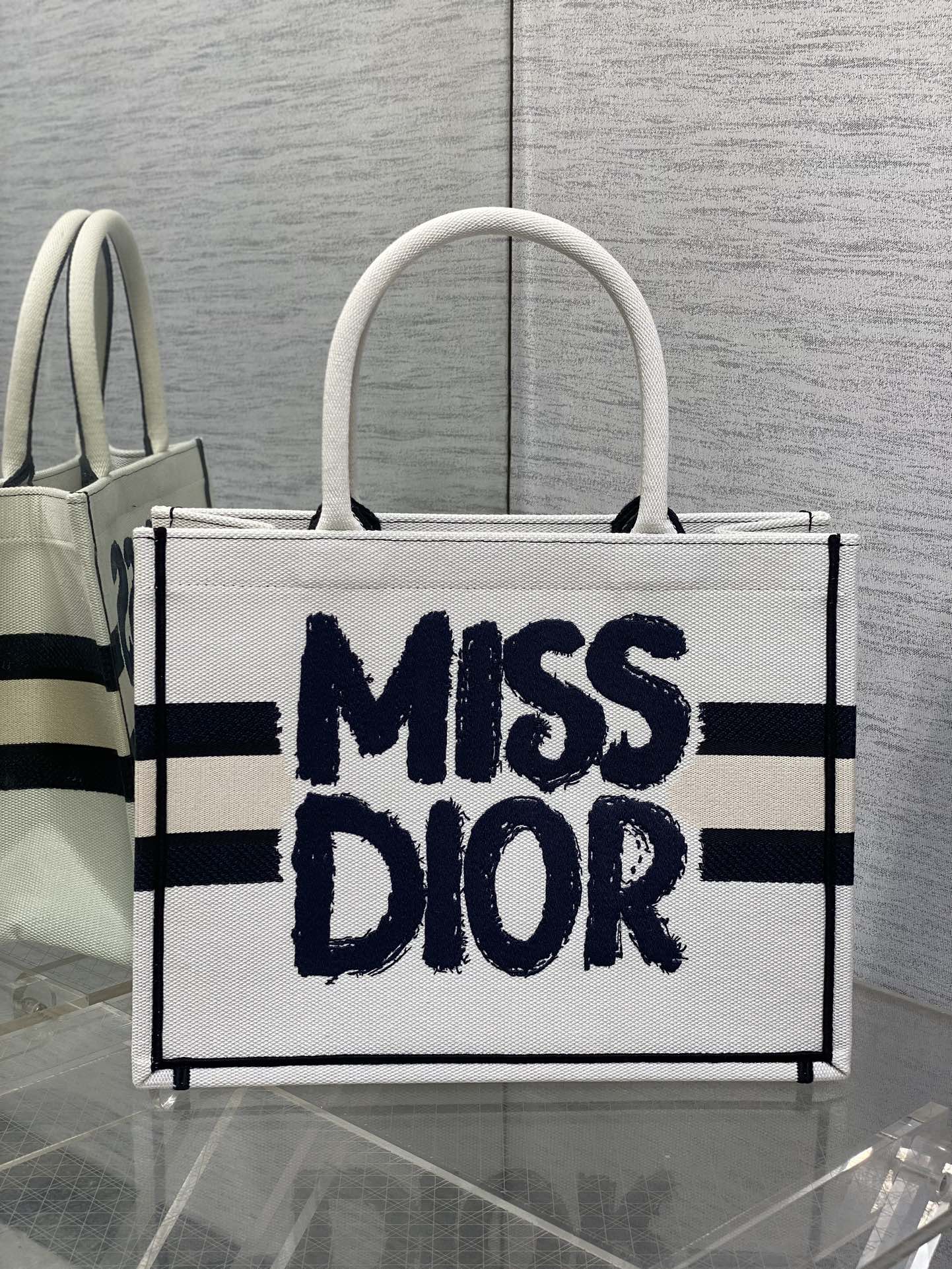 Large Dior Book Tote Bag White and Blue Miss Dior Graffiti Embroidery